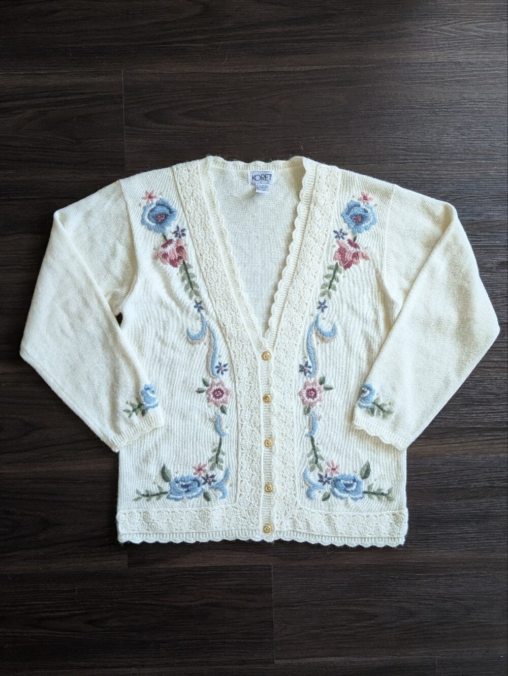 Koret Cottagecore Prairie Floral Embroidered Cream Cardigan Fall Autumn Large